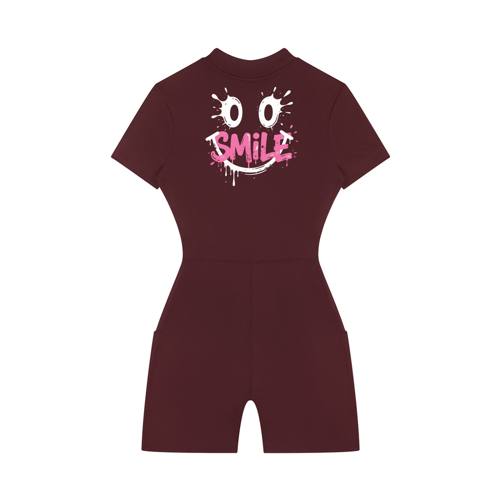 Women's SMILE FACE graffiti logo Quarter-Zip Sleeve Romper